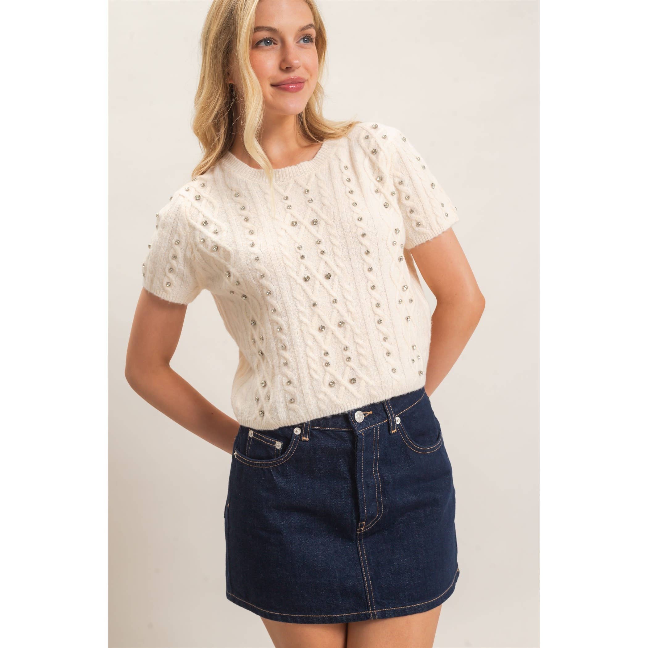Embellished Cable Knit Sweater