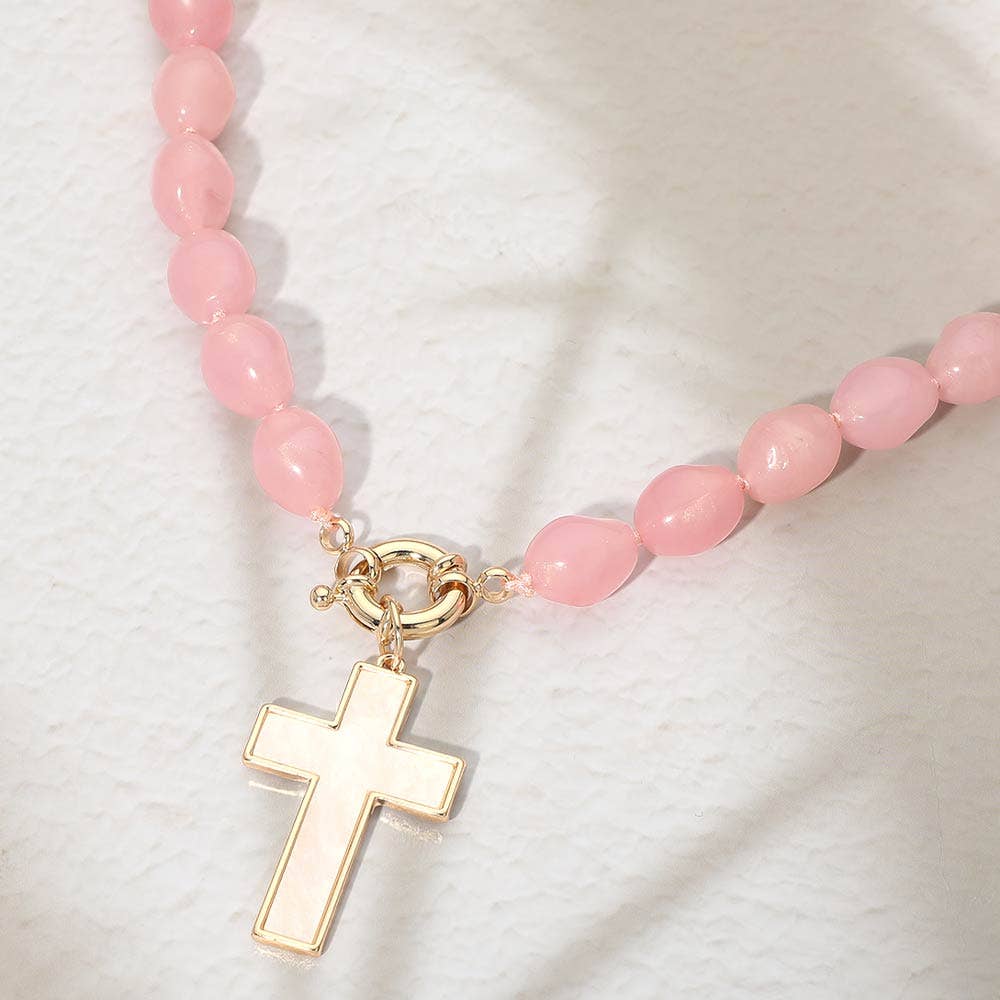 Mother of Pearl Cross Toggle Pendant Beaded Necklace