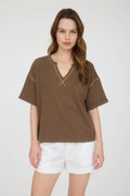 CONTRAST STITCH DROP SHOULDER CUFF SLEEVE KNIT TOP