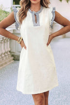 LDC Striped Patchwork Split Neck Ruffle Trim Dress
