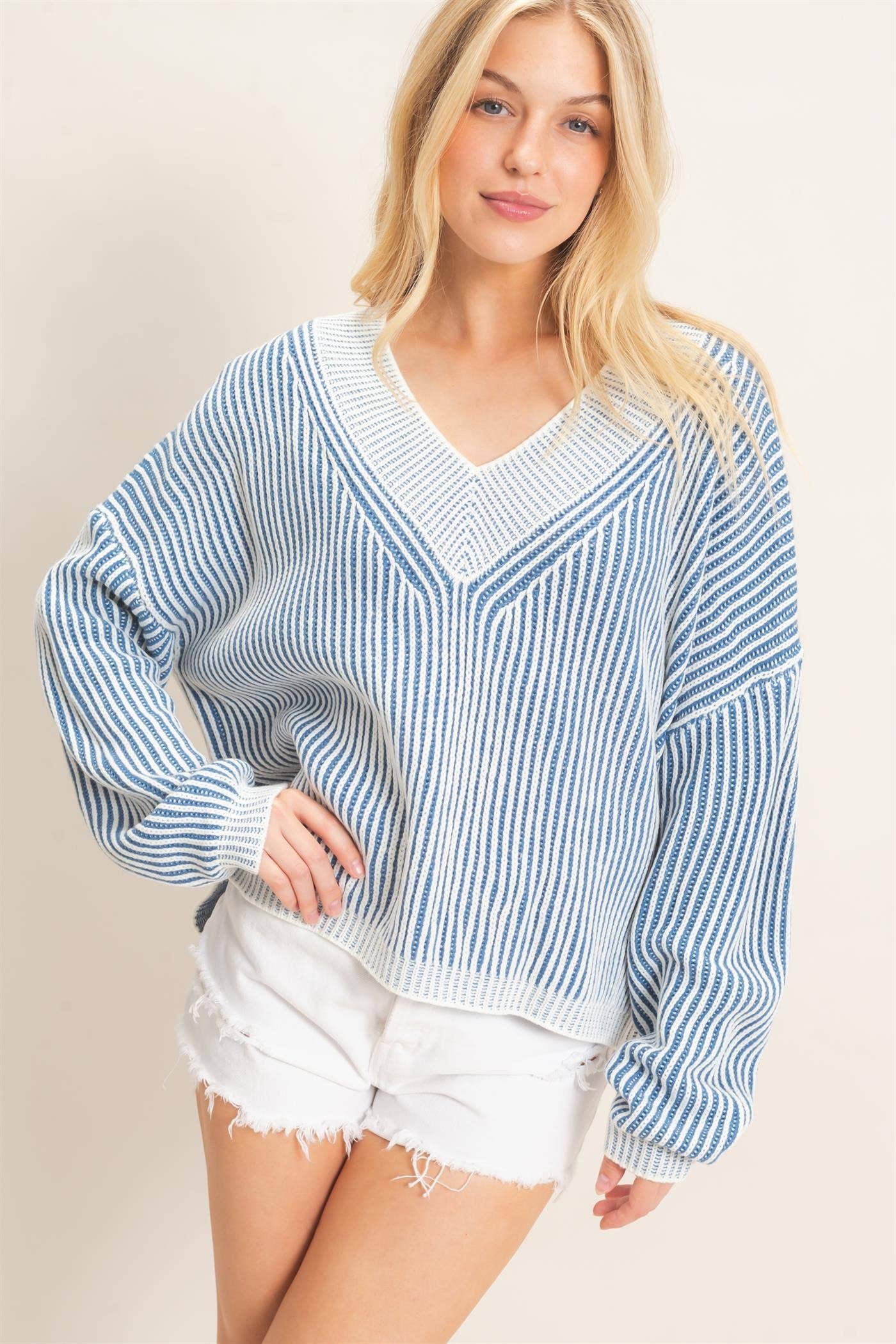 Striped V-neck Ribbed Sweater