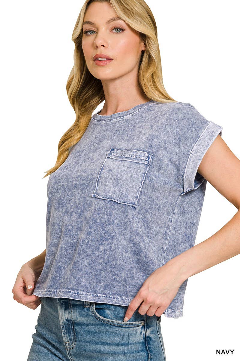 Halo Snow Washed Cotton Cuffed Short Sleeve Top