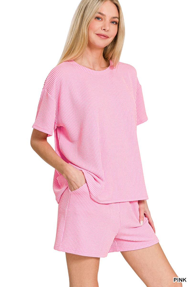 `.SI-26647 Corded Rib Short Sleeve Tee & Short Pants 2PC Set