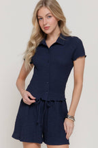 Short Sleeve Button Down Top & Shorts Crinkle Knit Set