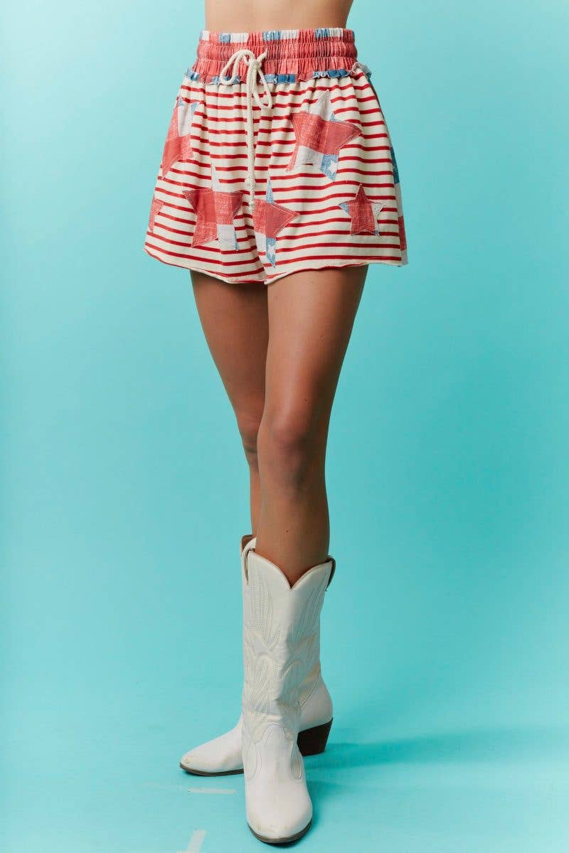Stripe Knit Shorts With Star Patch Accents