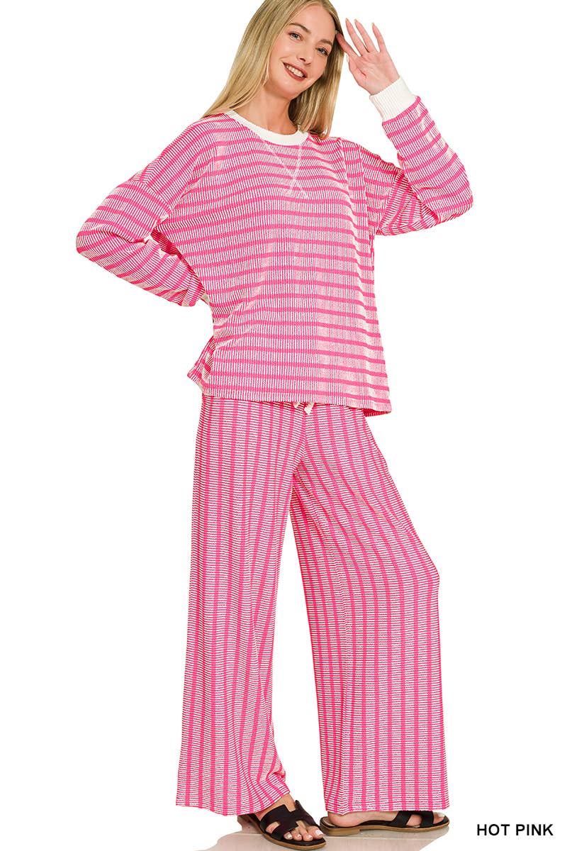 Raised Rib Striped Pullover & Pants 2PC Set