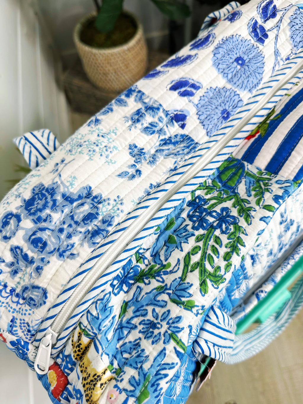 Blue Patchwork Quilted Duffle Weekender Travel Bag