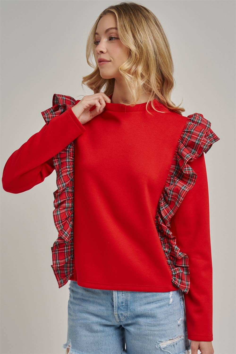 CHRISTMAS HOLIDAY BRUSHED TERRY TOP WITH PLAID_JLT00439-01