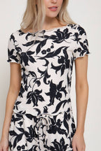 Print Texture Knit Short Sleeve Top & Waist Band Pants Set