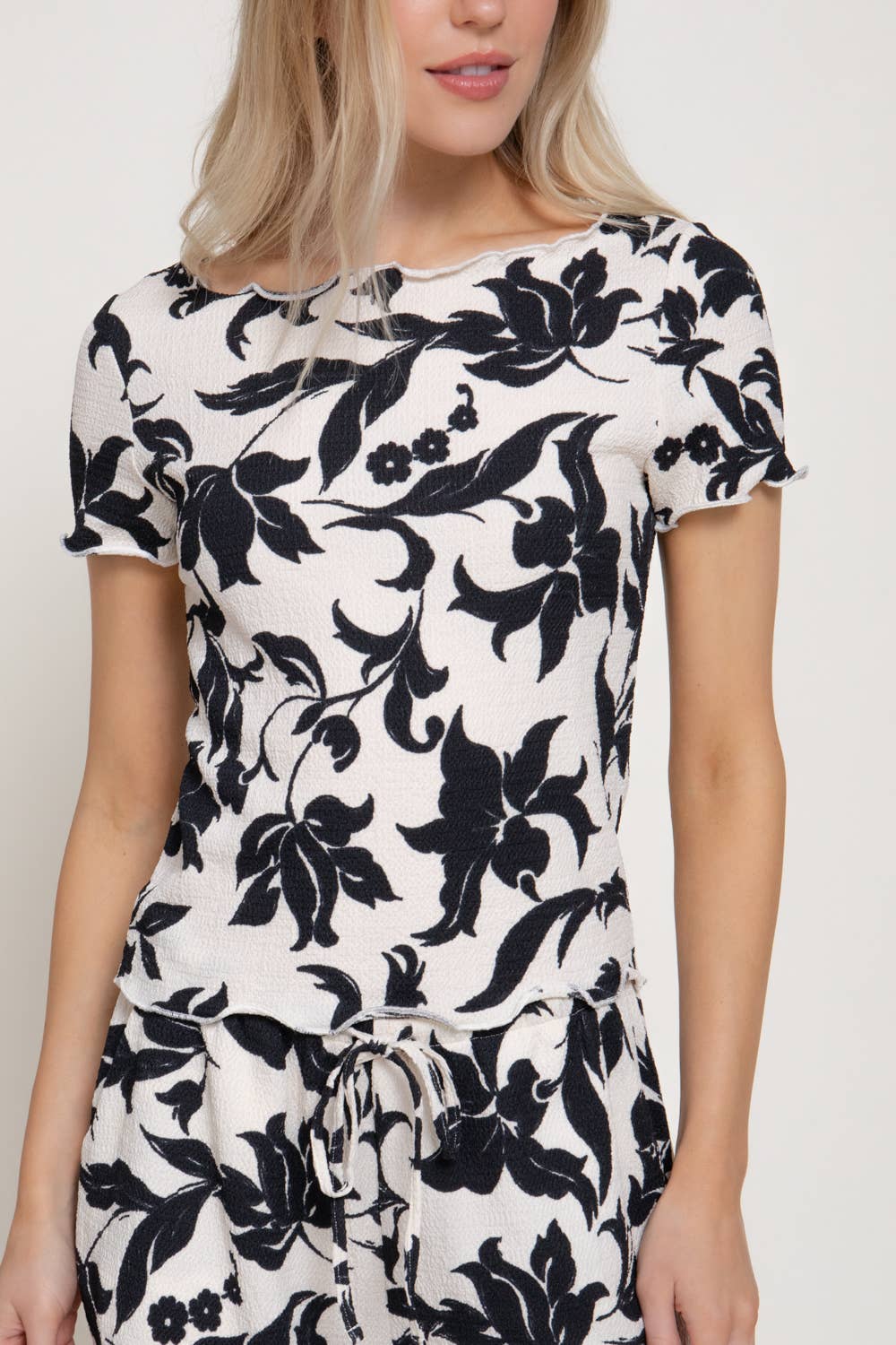 Print Texture Knit Short Sleeve Top & Waist Band Pants Set
