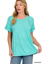 Washed Ribbed Cuffed Short Sleeve Round Neck Top