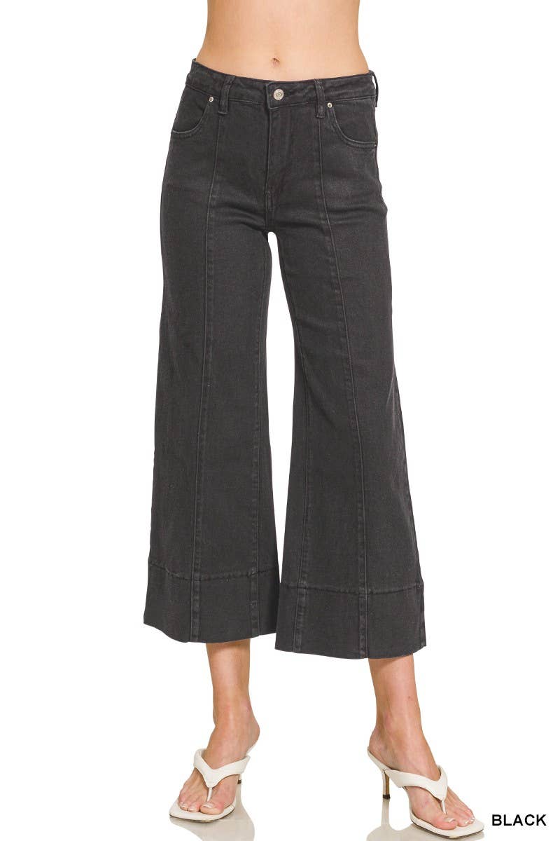 Mid Rise Wide Leg Cropped Color Denim Pants