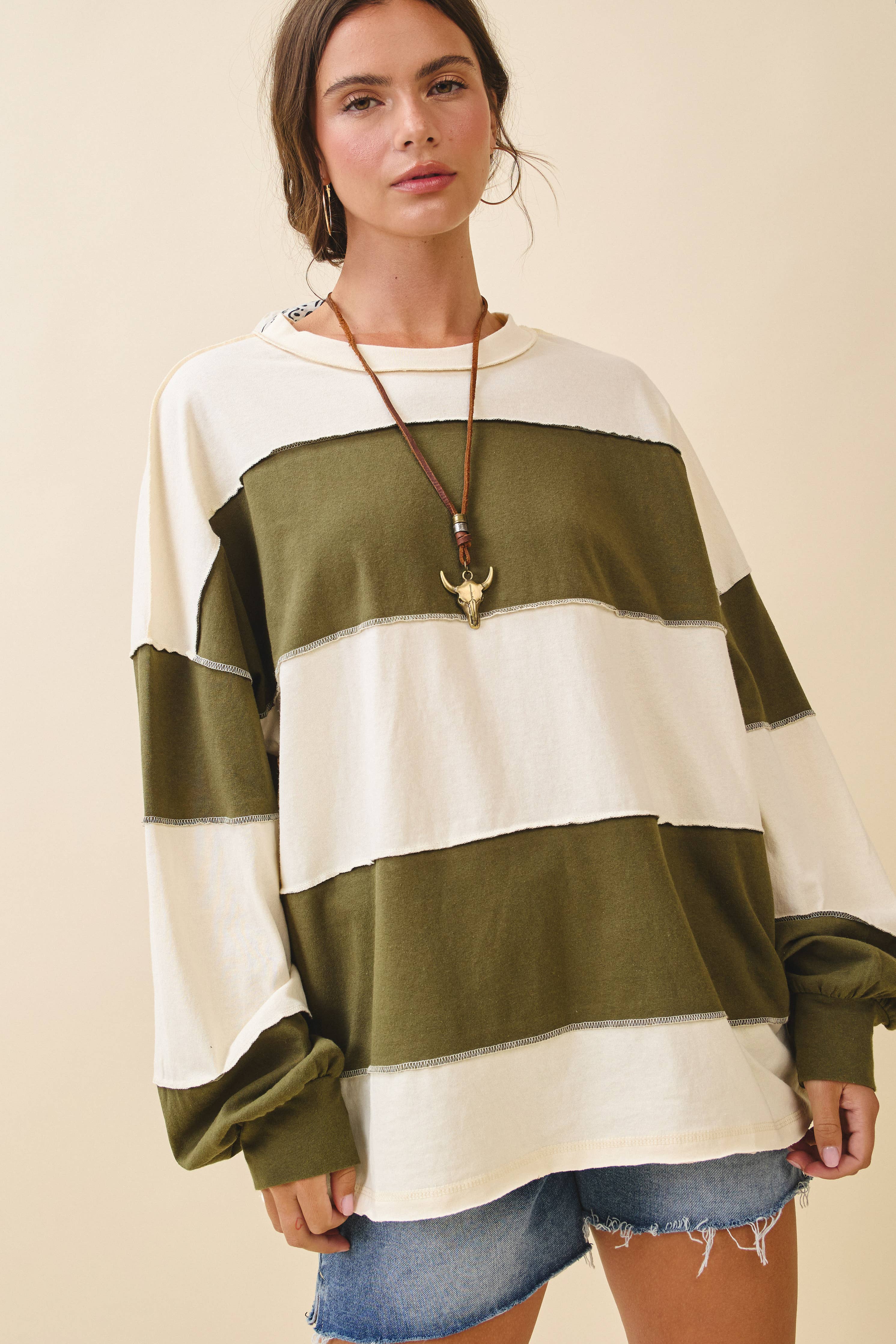 8551GN Contrast Panel Long Sleeve Slouchy Top