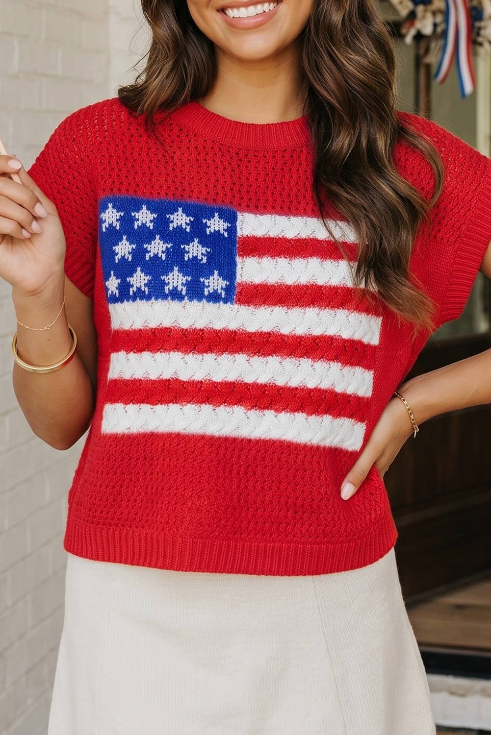 LAS Flag Graphic Short Sleeve Sweater Top (S-XL)