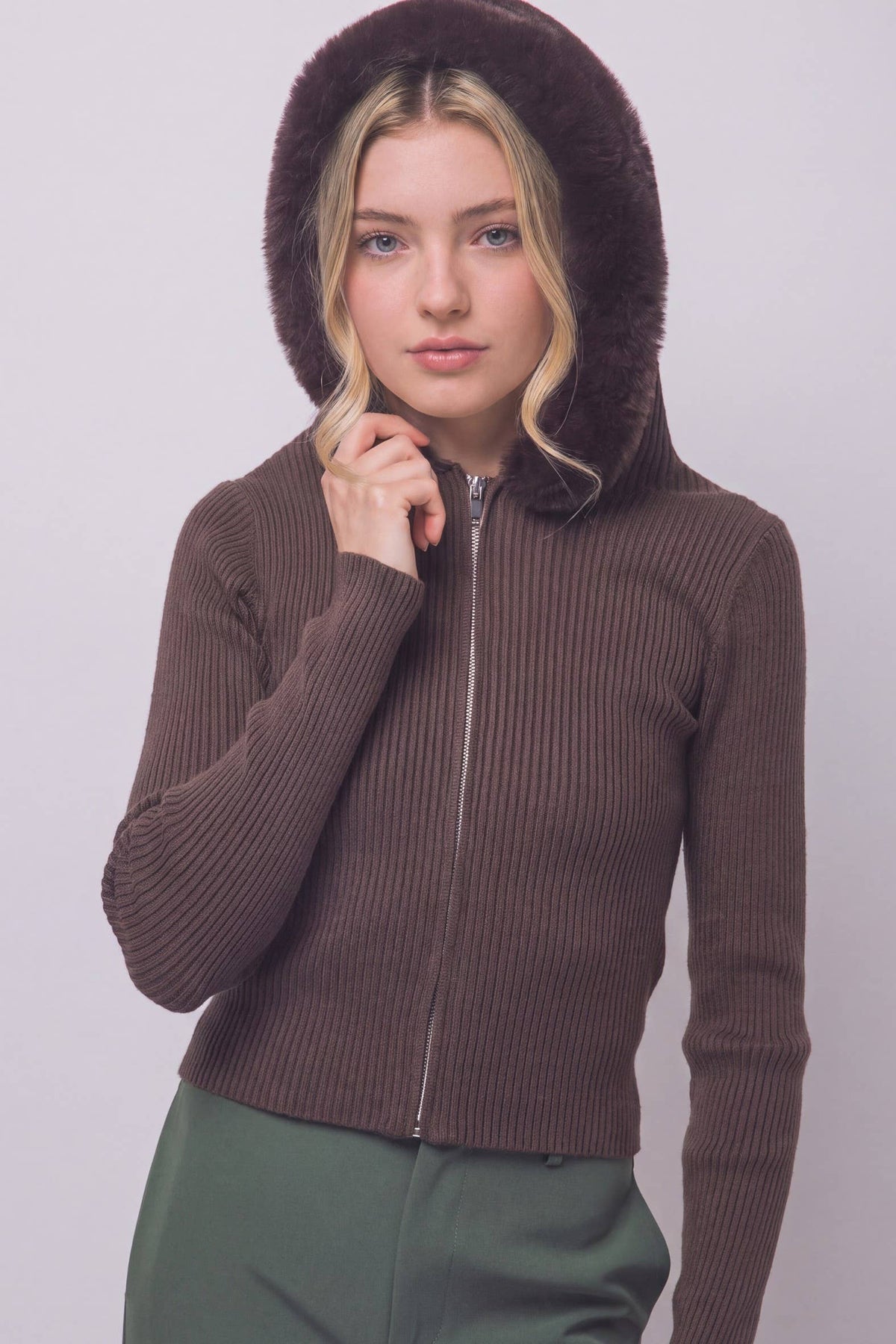 Faux-fur Trim Hooded Zip-up Sweater