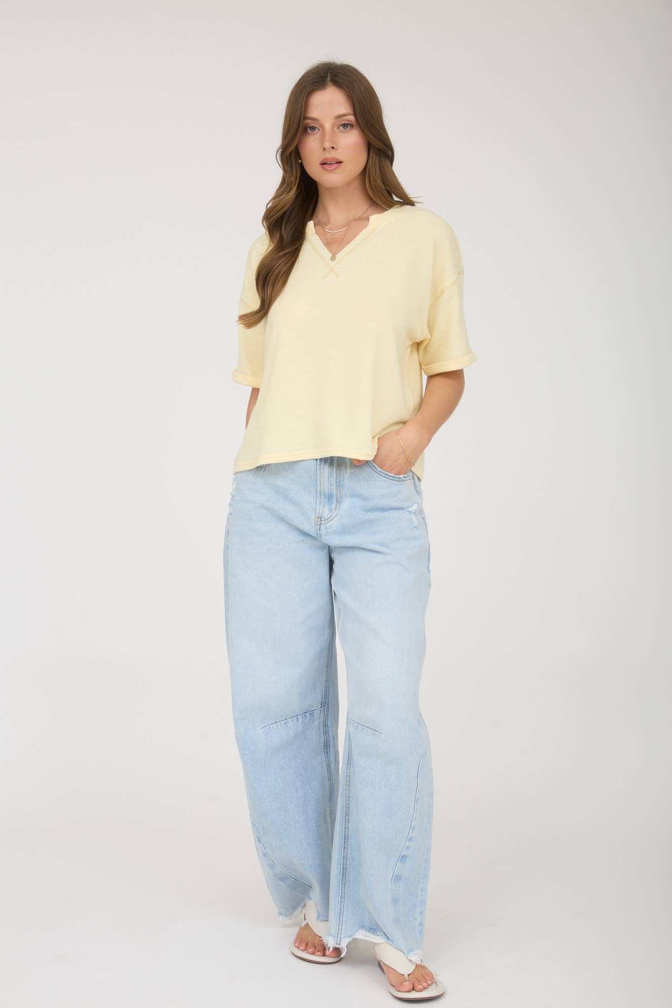 CONTRAST STITCH DROP SHOULDER CUFF SLEEVE KNIT TOP
