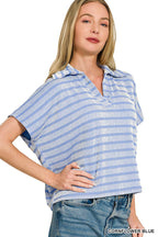0424 Raised Rib Striped Collared Top SI-29768