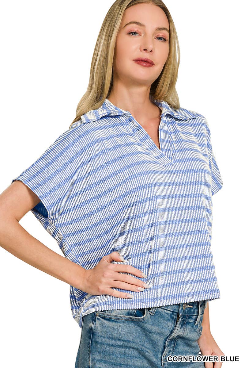 0424 Raised Rib Striped Collared Top SI-29768