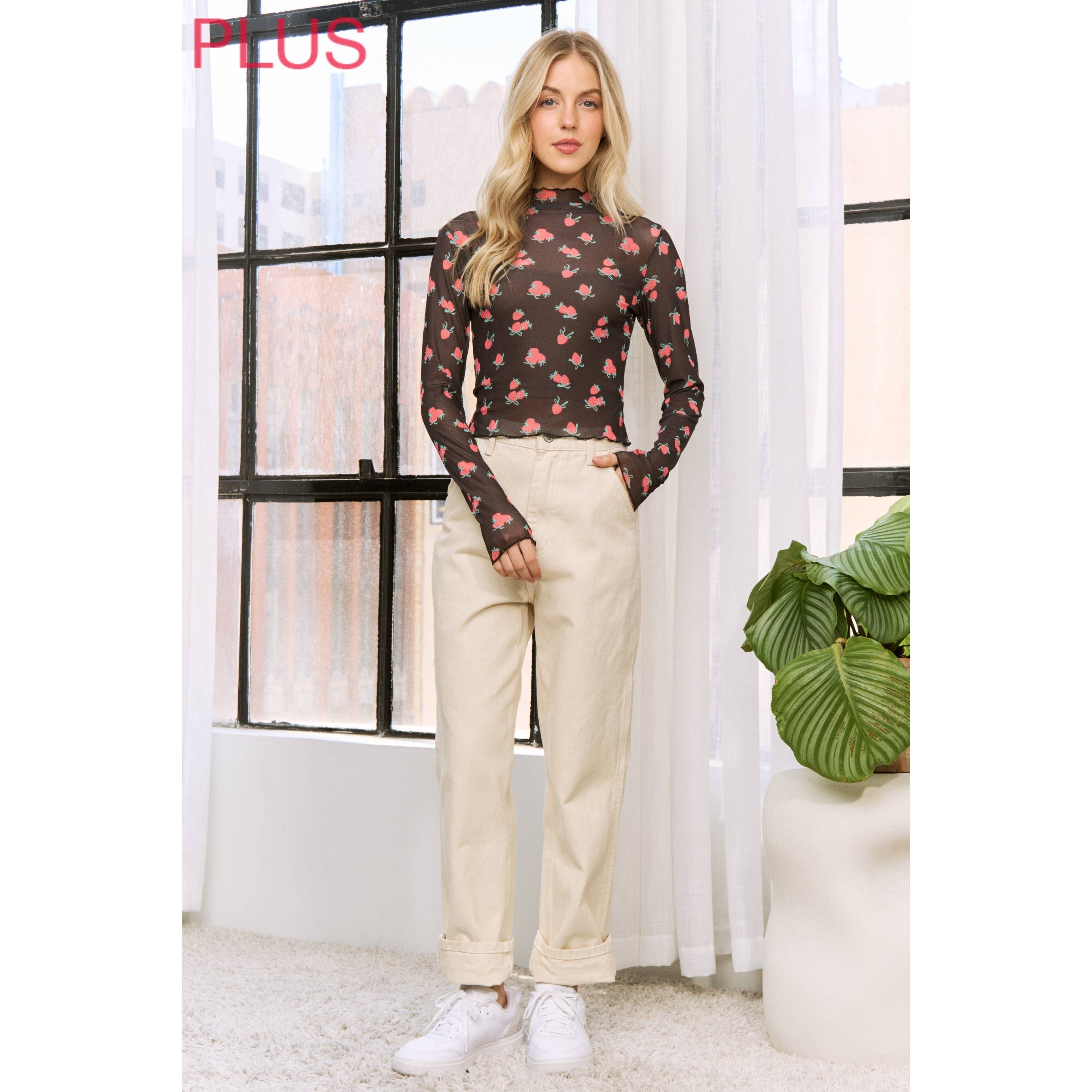 PLUS MESH STRAWBERRY PRINT HIGH NECKLINE CROP TOP