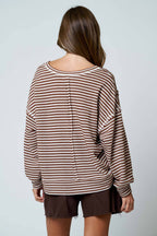 STRIPE SPLIT NECK LONG SLEEVE SEAM DETAIL KNIT TOP