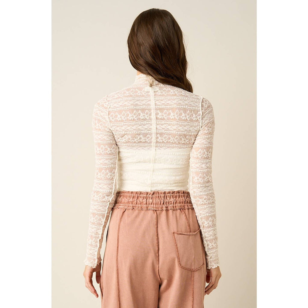 TEXTURED MOCK NECK LACE MESH TOP