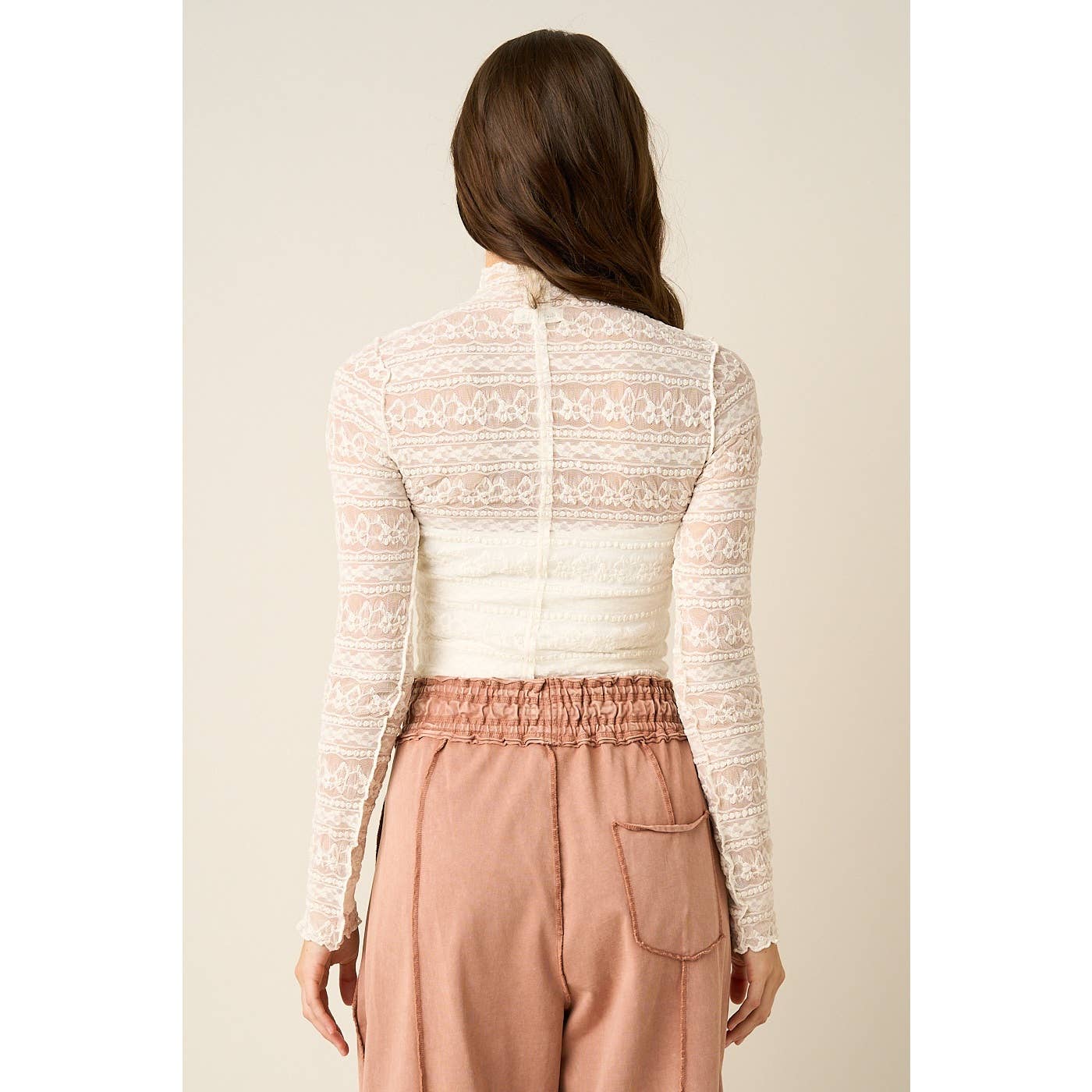 TEXTURED MOCK NECK LACE MESH TOP