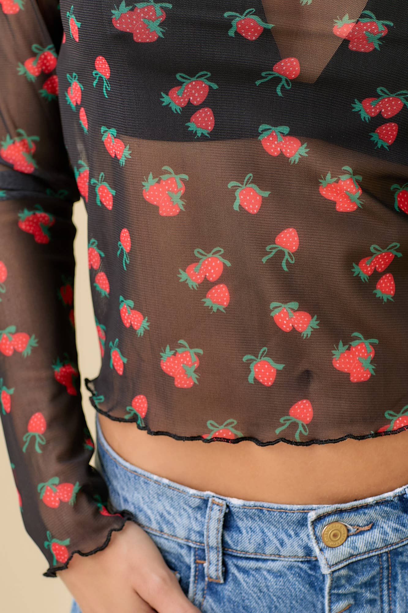 Strawberry Bow Print Long Sleeve Mesh Top