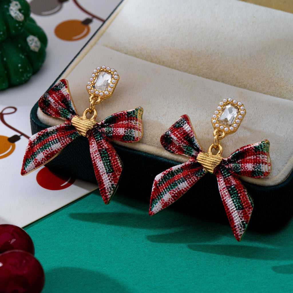 Tartan Plaid Bow & Pearl Crystal Drop Earrings | 80E63571