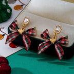 Tartan Plaid Bow & Pearl Crystal Drop Earrings | 80E63571