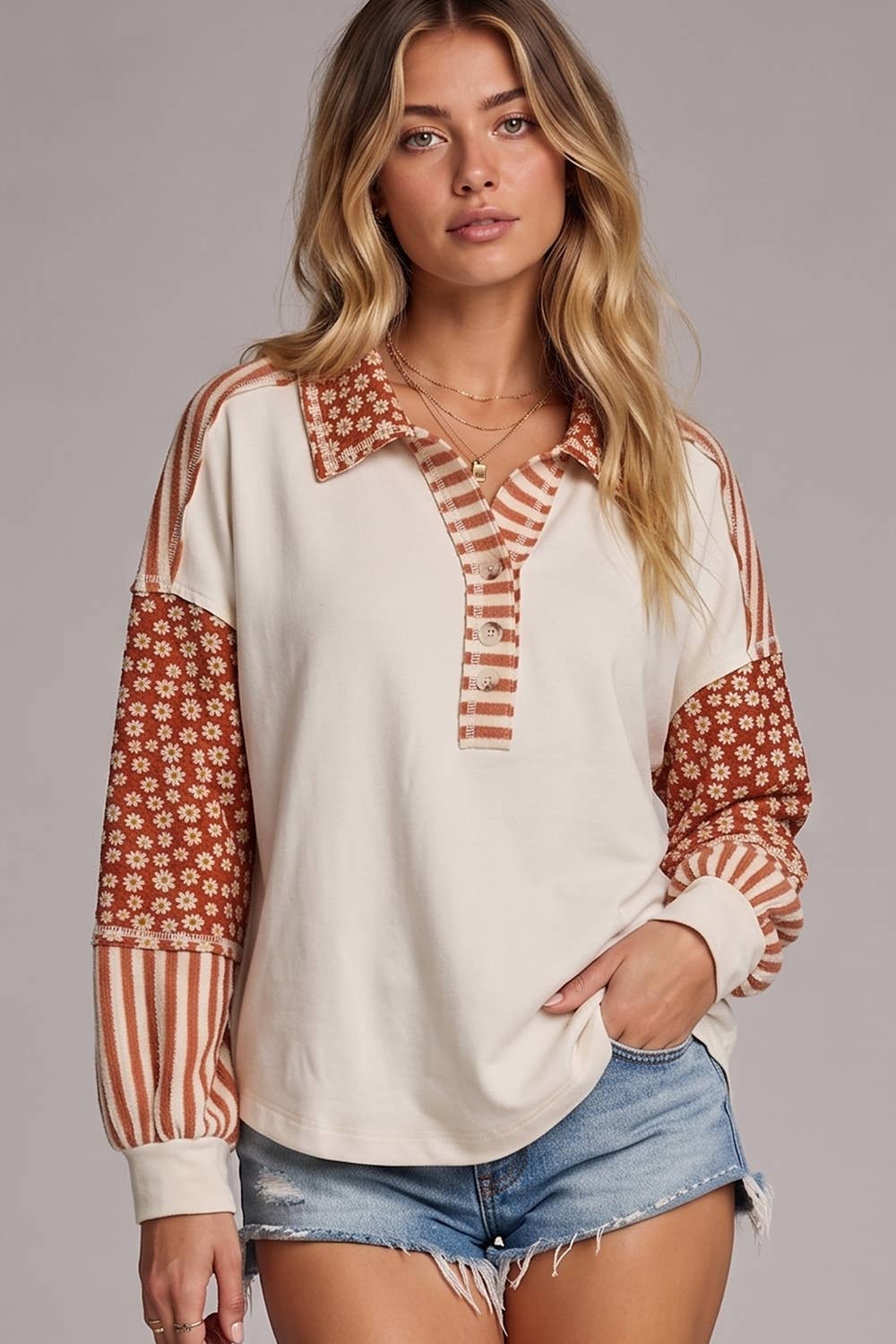 NT12889-Daisy Stripe Contrast Top