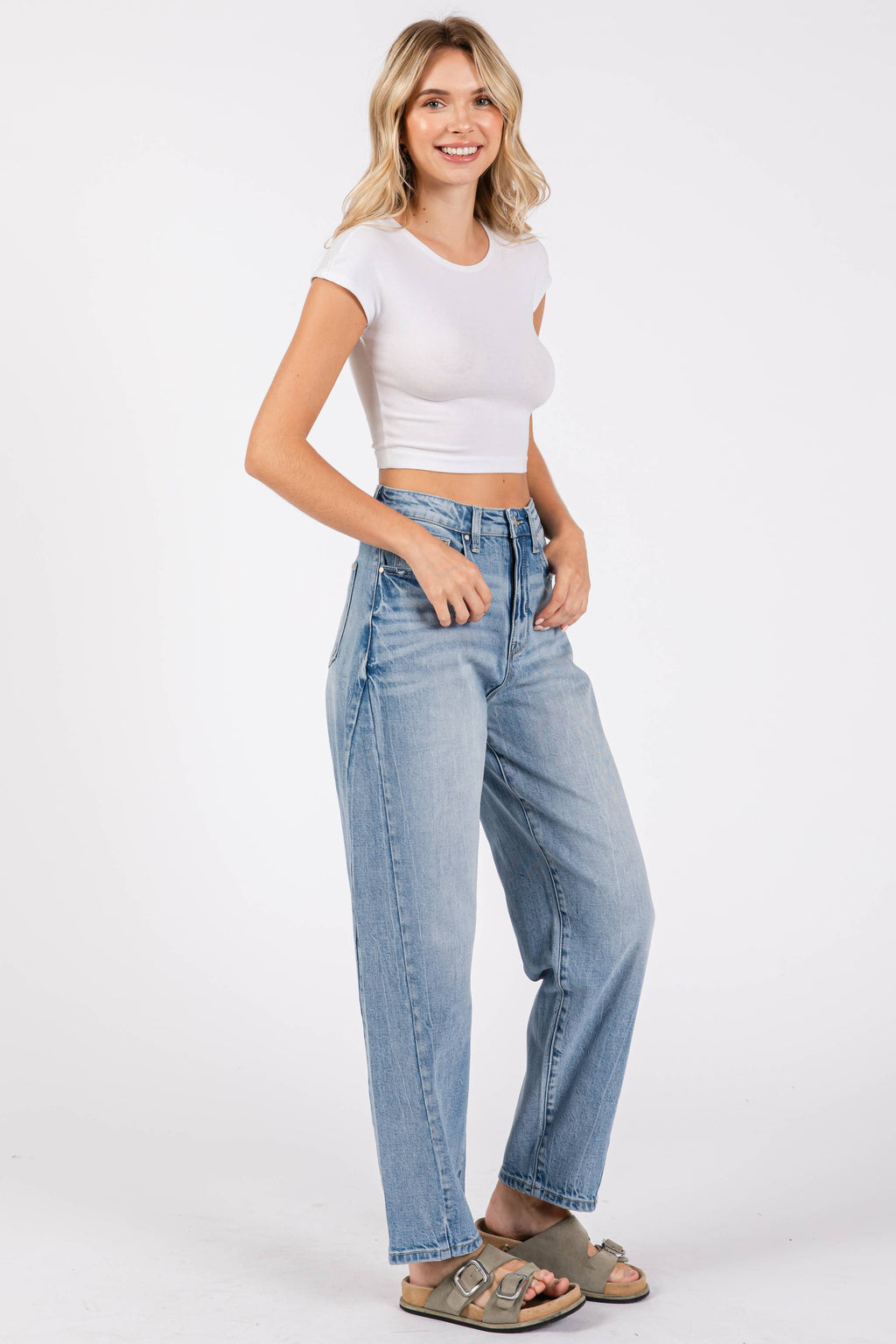 P1305X-LM SIDE SEAM DETAILING HIGH RISE COMFORT BARREL JEANS