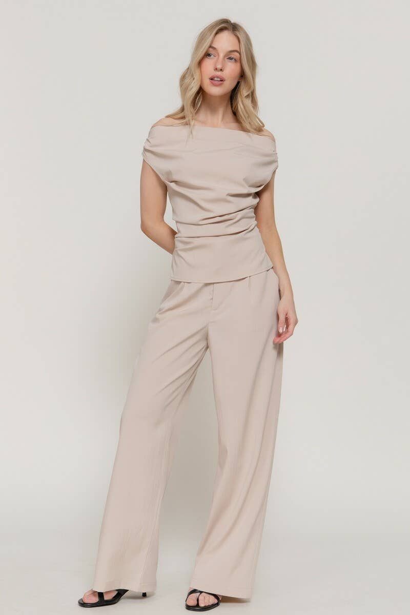 0224 Woven Off Shoulder Top & Pants Set SI-29533