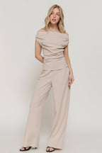 0224 Woven Off Shoulder Top & Pants Set SI-29533