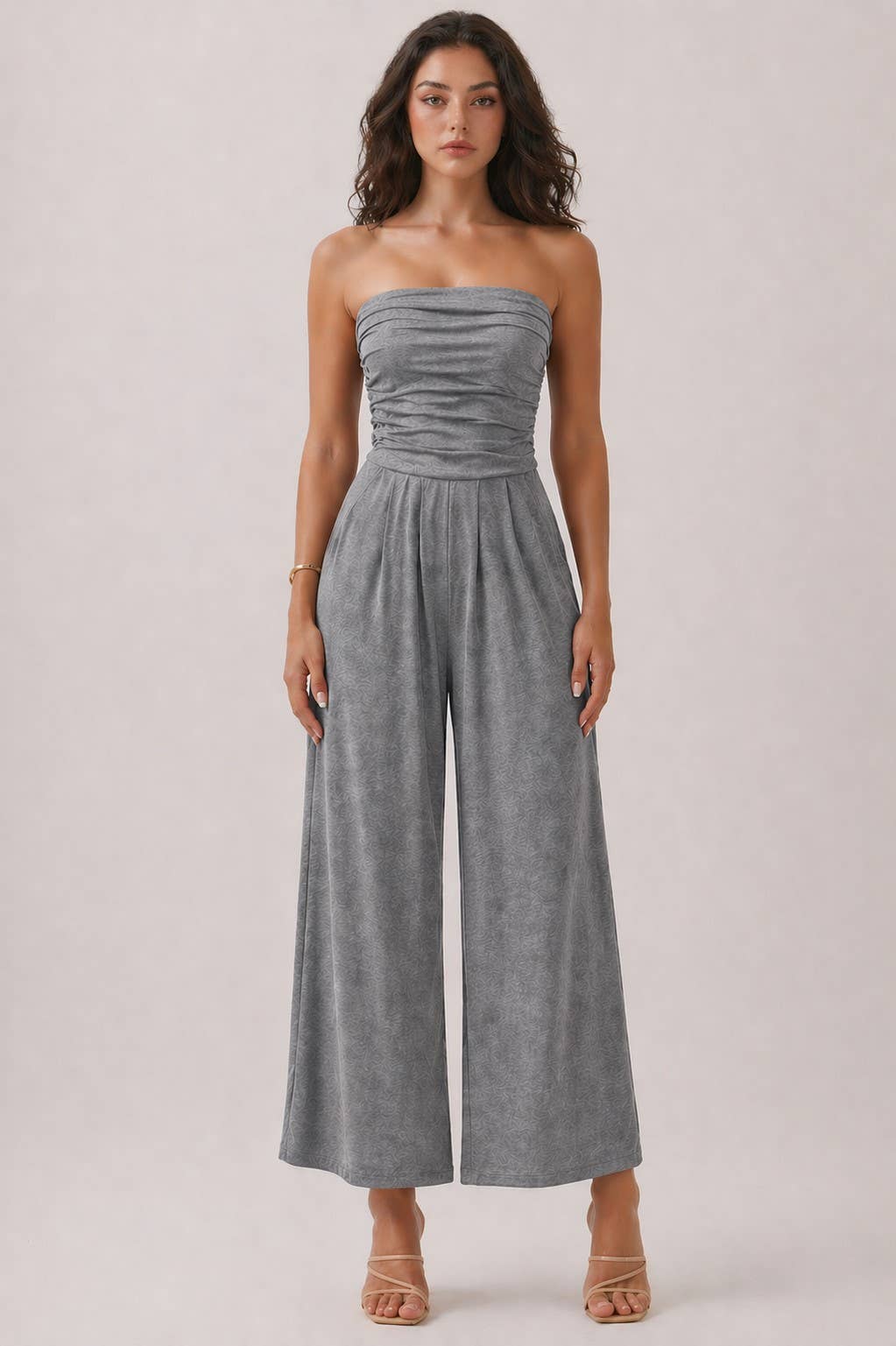 JR16435F - TUBE TOP W/SHIRRING PALAZZO ROMPER