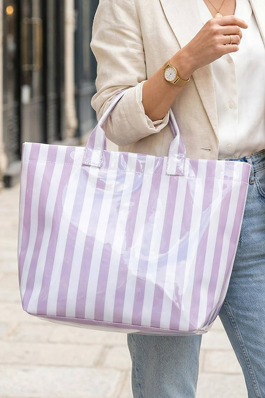 Glossy Striped Large Tote Bag
