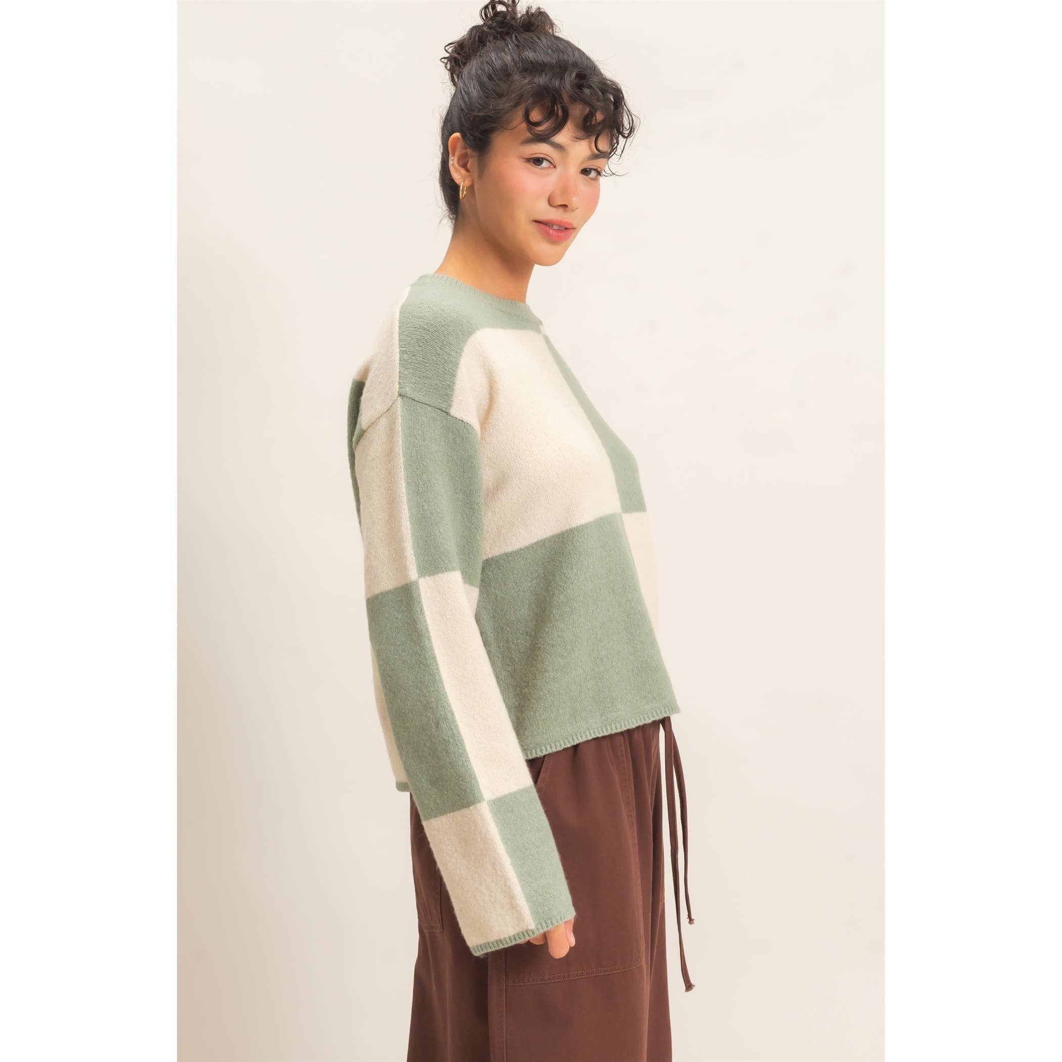 Crew Neck Checkered Sweater