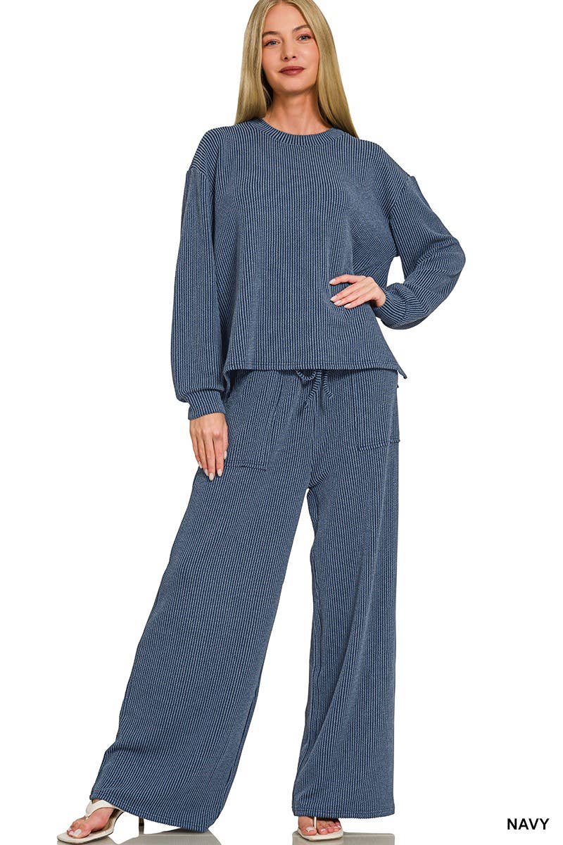 Raised Rib Round Neck Pullover And Pants Set