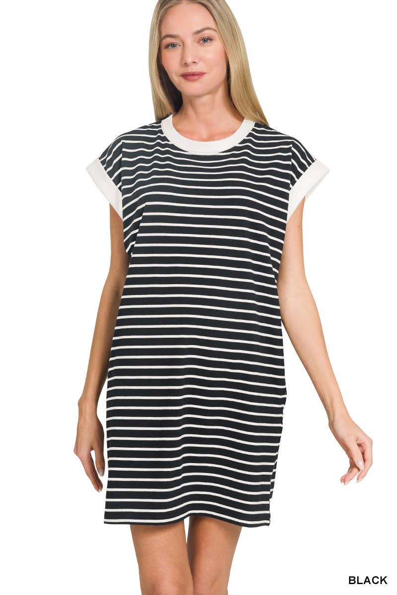 Striped Contrast Trim Rib Banded T-shirts Dress