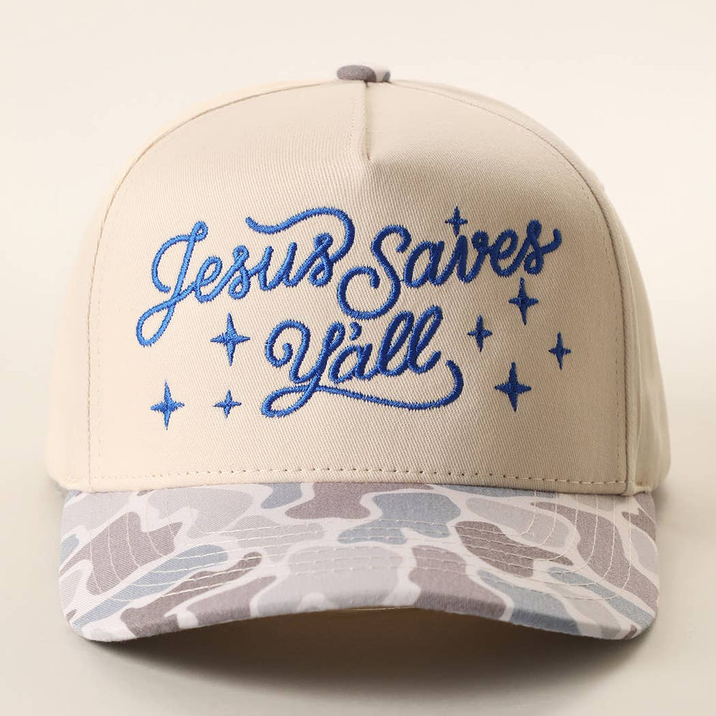 Jesus Saves Y'all Embroidered Camo Brim Trucker Hat