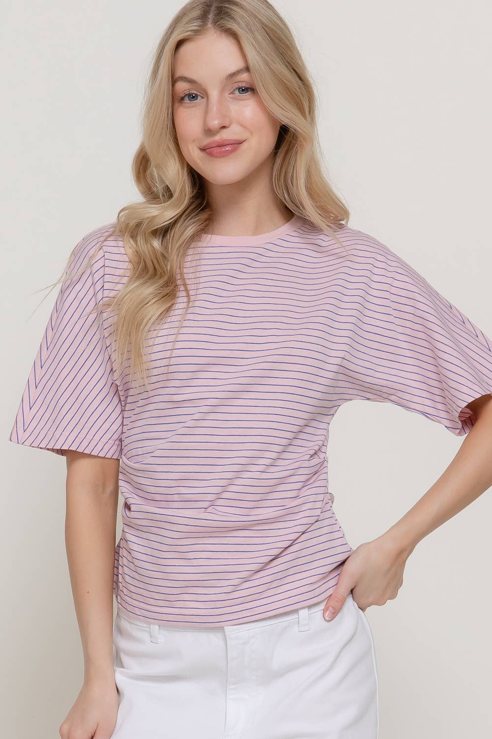 Short Dolman Sleeve Defined Silhouette Stripe Knit Top