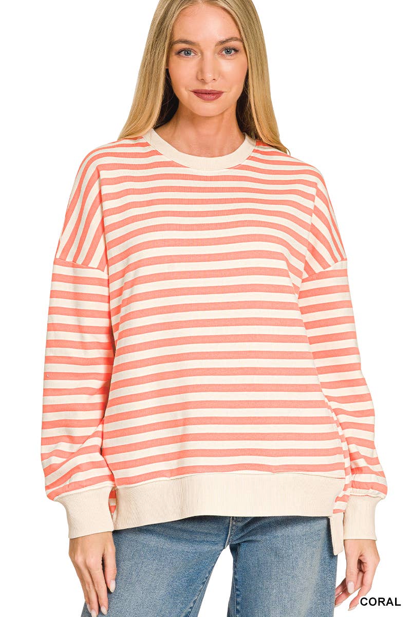 Premium Yarn Dyed Stripe Fleece Hi Low Sweatshirt w/ Pockets