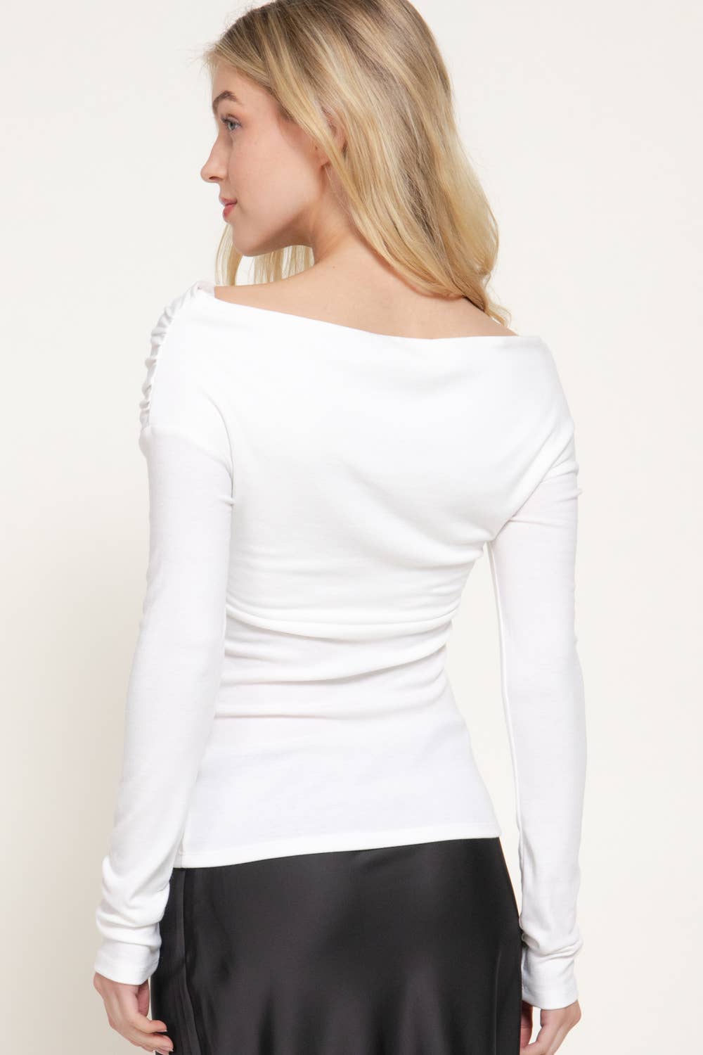 Long Sleeve Wrap Neckline Draped Detail Straight Knit Top
