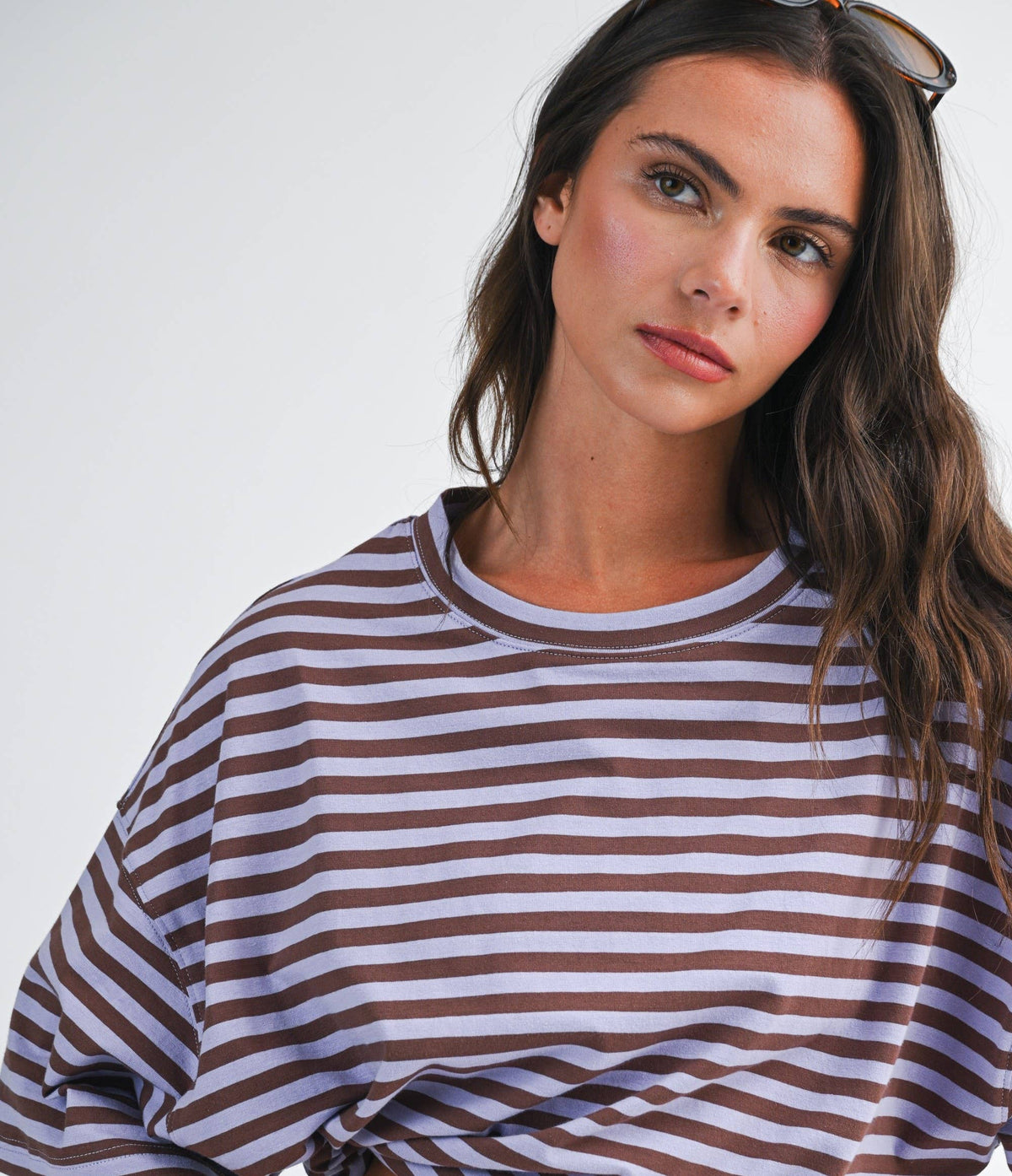 8645IN Mock Neck Yarn-Dyed Striped Oversized Long Sleeve Tee