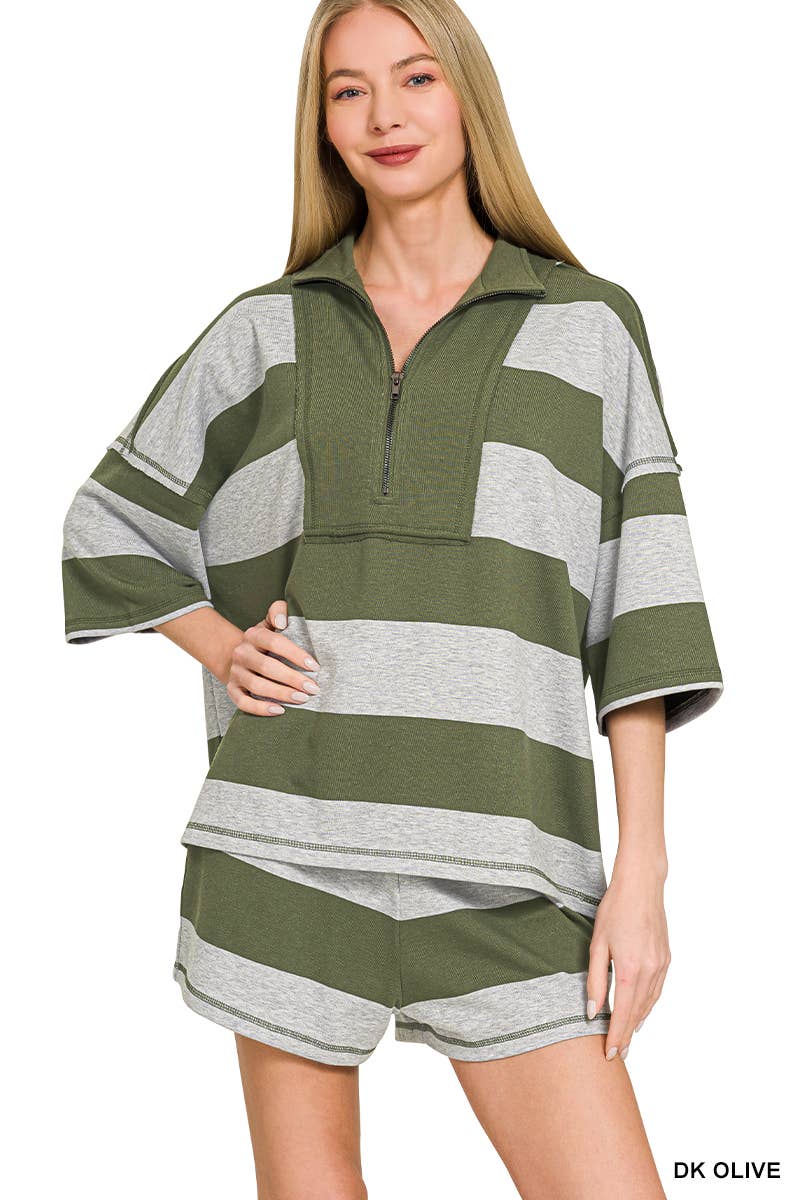 French Terry Striped Half Zip Top & Shorts Set - Zenana