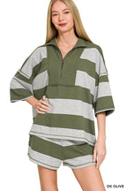 French Terry Striped Half Zip Top & Shorts Set - Zenana