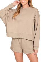 Fleece Round Neck Pullover And Shorts Set