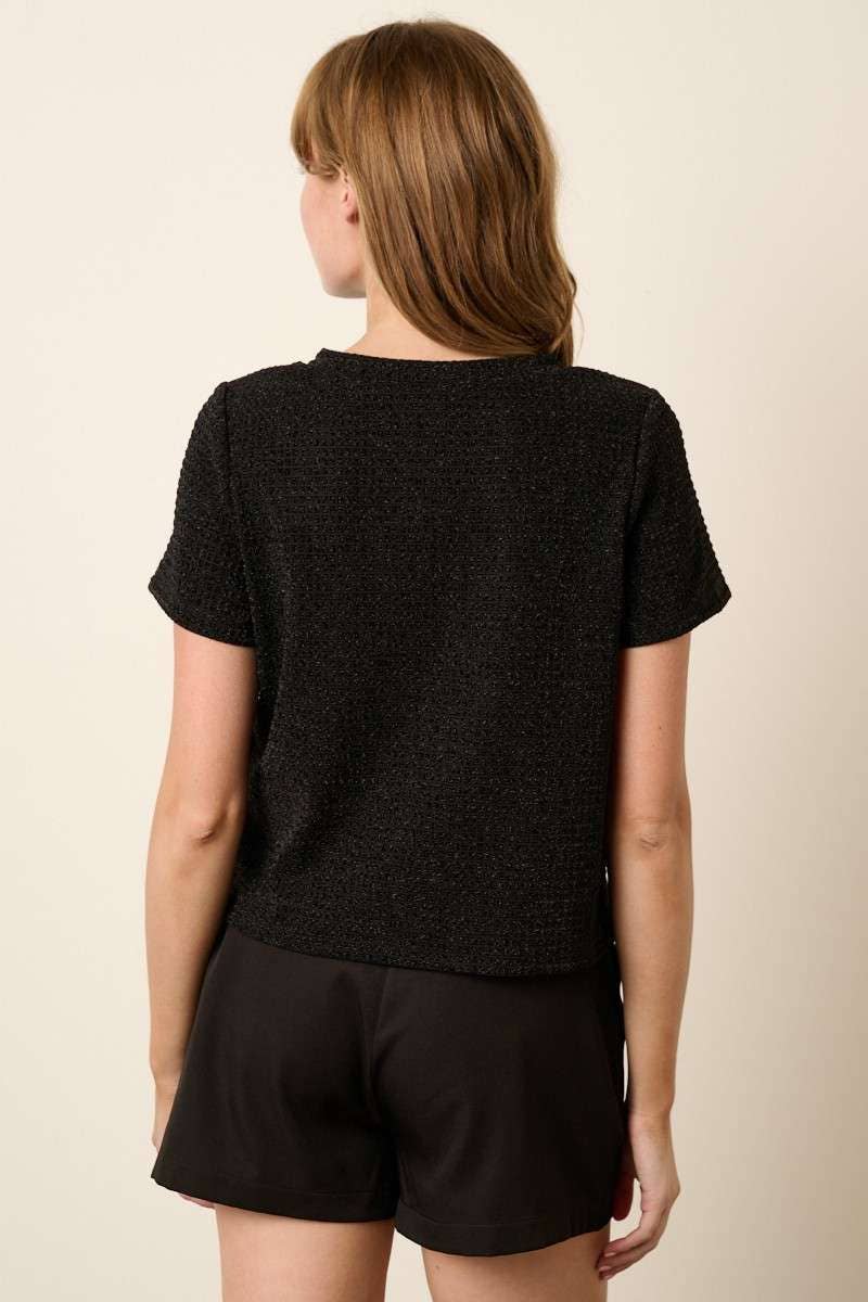 T10373B - GEO PATTERN METALLIC SHORT SLEEVE TOP