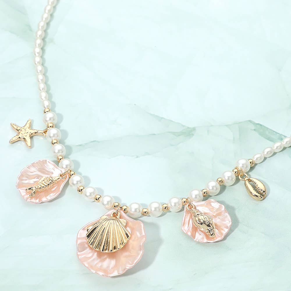 Ocean Inspired Seashell Starfish Charm Station Pearl Beaded Necklace