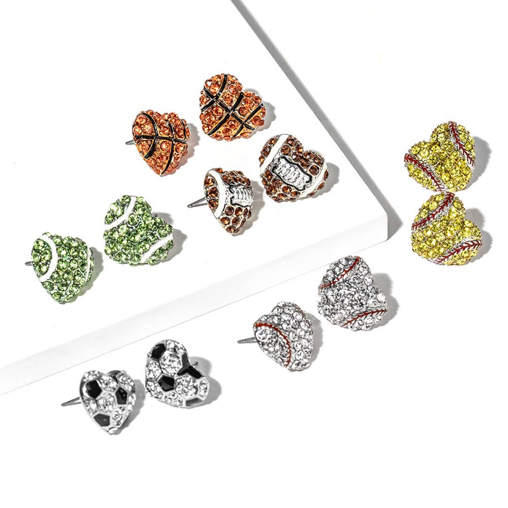 Softball Crystal Pave Heart Stud Earrings