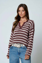 STRIPE RAW EDGE SPLIT NECK SHEER KNIT SWEATER